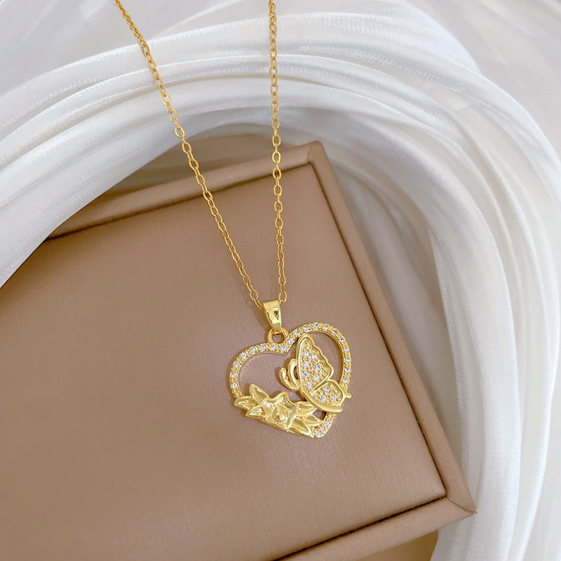 Sweet Minimalist Heart Butterfly Rhinestone Titanium Steel Necklace for Unisex