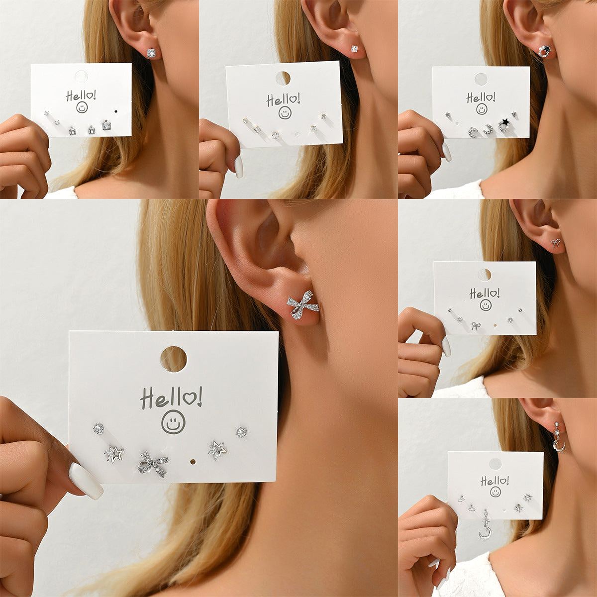 Orecchini a perno da donna minimalisti in stile coreano con fiocco a stella, strass, design geometrico e a forma di diamante
