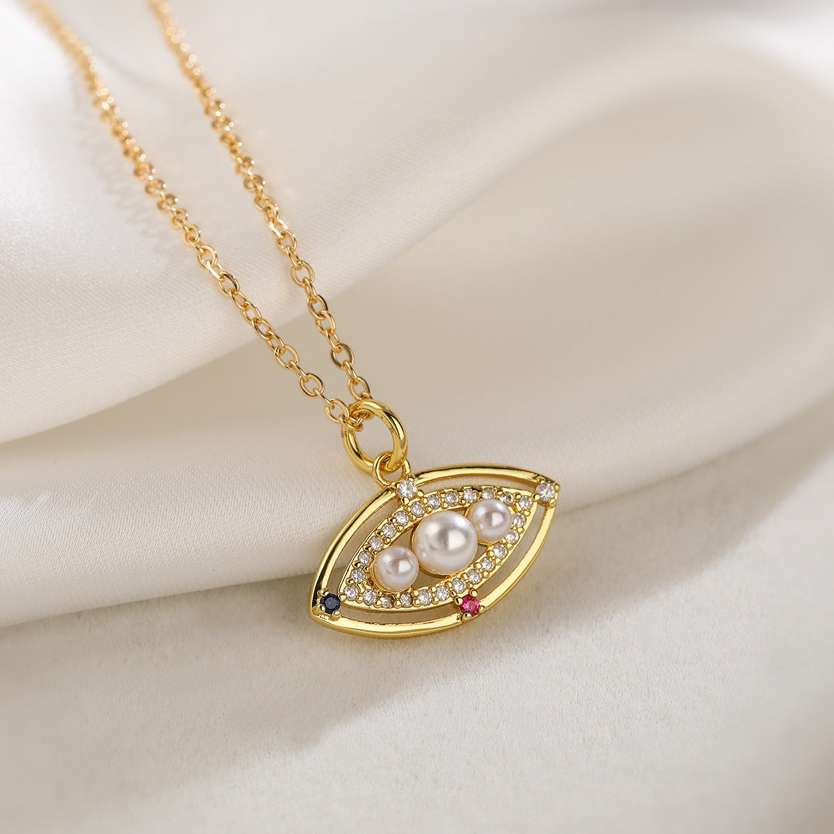 Minimalist Geometric Evil Eye Pendant Necklace for Women with Copper Base Plated in Real Gold and Zircon Inlay