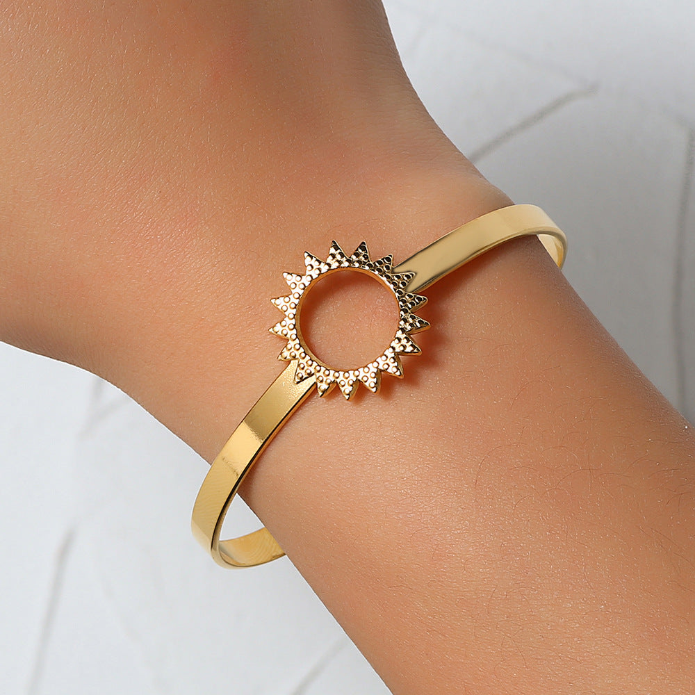 Minimalist Titanium Steel Plated Round Geometric Leaf Hollow Sun Snake Cuff Bracelet