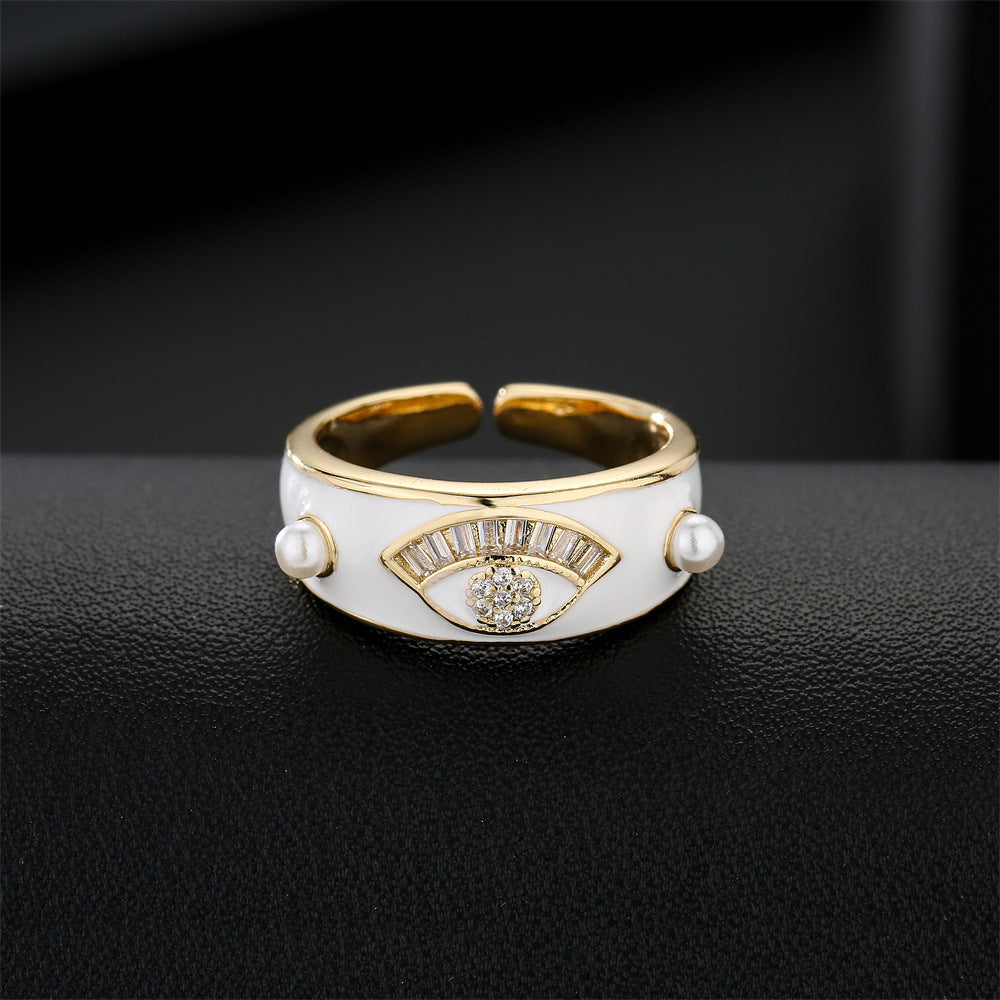 Minimalist Geometric Eye-Shaped Open Ring for Women Made of Brass with 18K Gold Plating and AAA Zircon Inlay