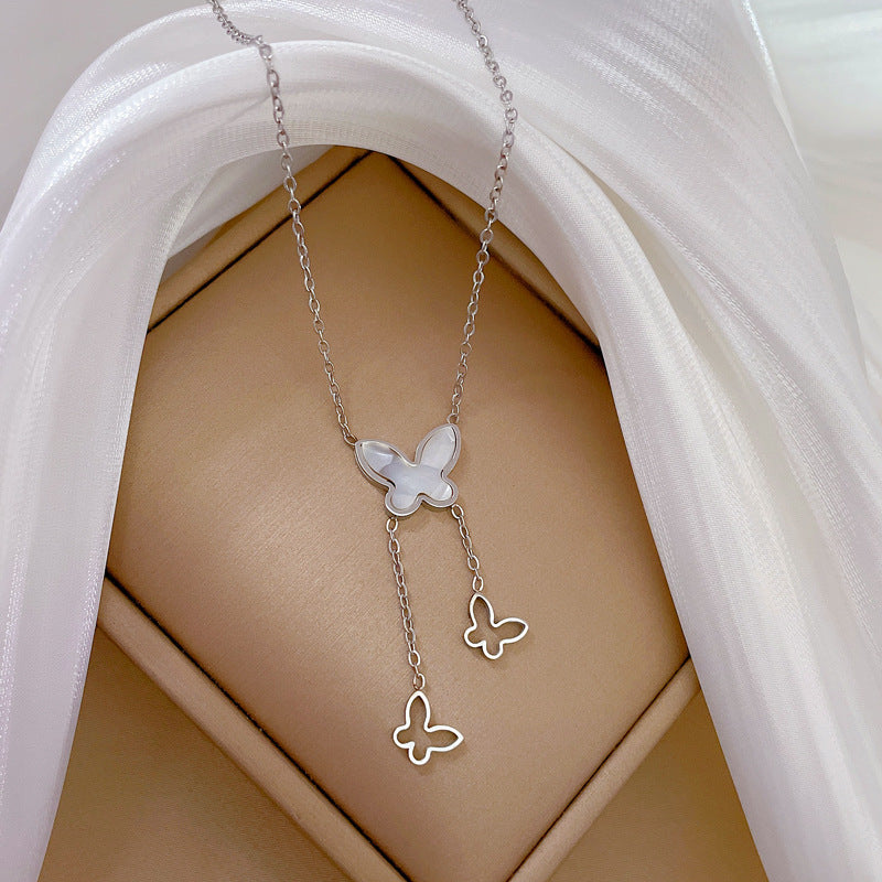 Minimalist Titanium Steel Butterfly Pendant Necklace for Women with Real Gold Plating and Geometric Design, Clavicle Chain for Fashion-Forward Everyday Wear