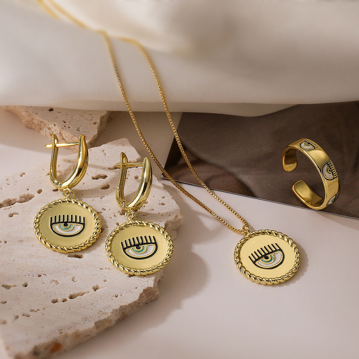 Vintage Evil Eye Ring Set for Women in Copper with 18K Gold Plating and Enamel Finish, Includes Earrings Necklace and Bracelet on Box Chain