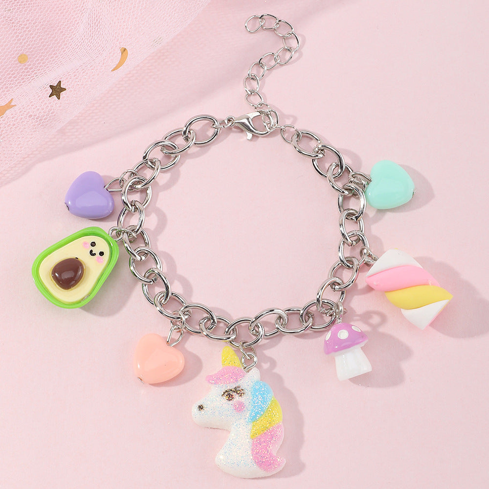 Braccialetto per bambini con unicorno arcobaleno in stile punk e ciondolo in resina di plastica per ragazze dai 3 ai 10+ anni