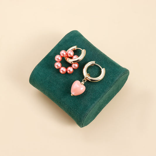 Pendientes de Corazón Geométricos Asimétricos de Cerámica Vintage en Aleación de Zinc con Acabado Galvanizado para Mujer