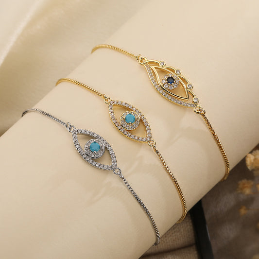 Pulsera de ojo turco minimalista geométrica bañada en cobre y oro con circonitas para mujer