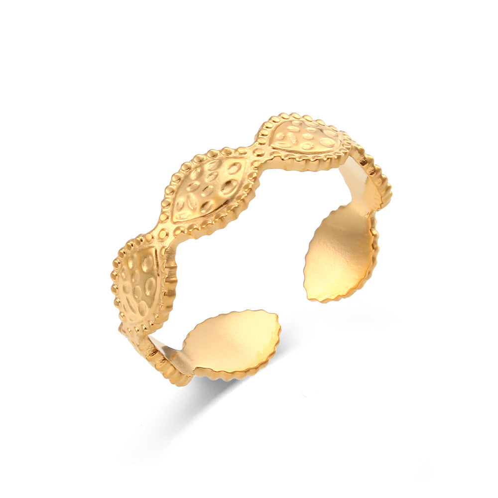 Anillo abierto trenzado de acero inoxidable calado geométrico a la moda para mujer con acabado chapado