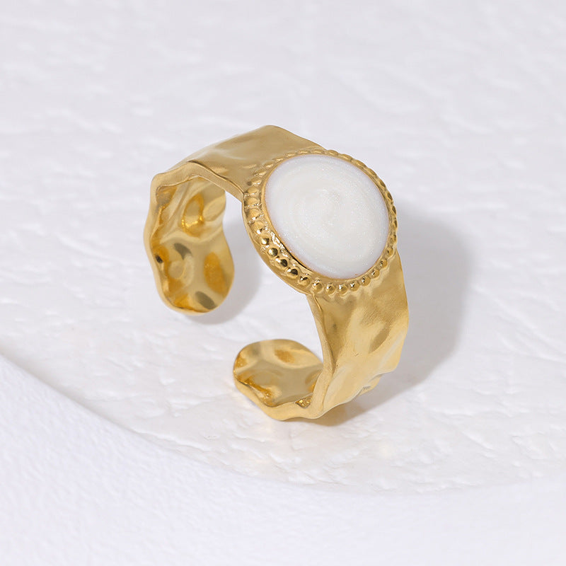 Vintage French-Style Geometric Titanium Steel Ring for Women with 18K Gold Plating and Enamel Finish