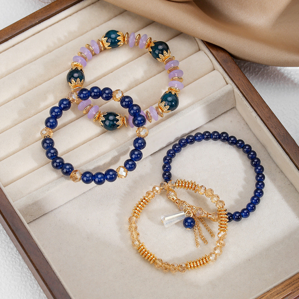 Bohemian Ethnic Geometric Round Glass Agate Crystal Tassel Multi-layer Bracelet
