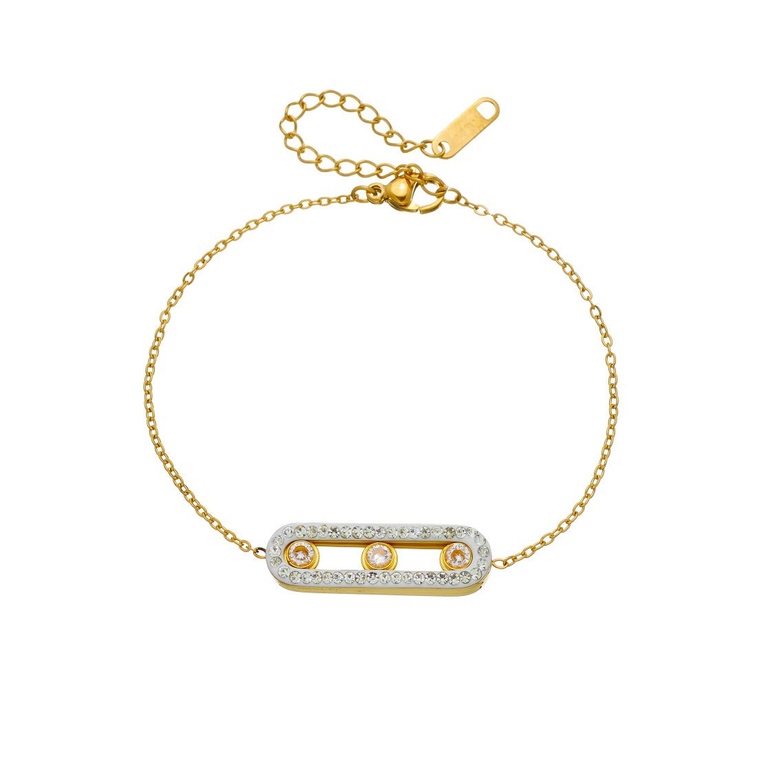 Minimalist Gold Plated Geometric Rectangle Rhinestone Pendant Stainless Steel Bracelet for Women