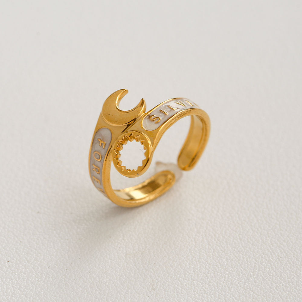 Anillo minimalista de acero de titanio con forma de girasol para mujer, con banda abierta ajustable y acabado chapado en oro