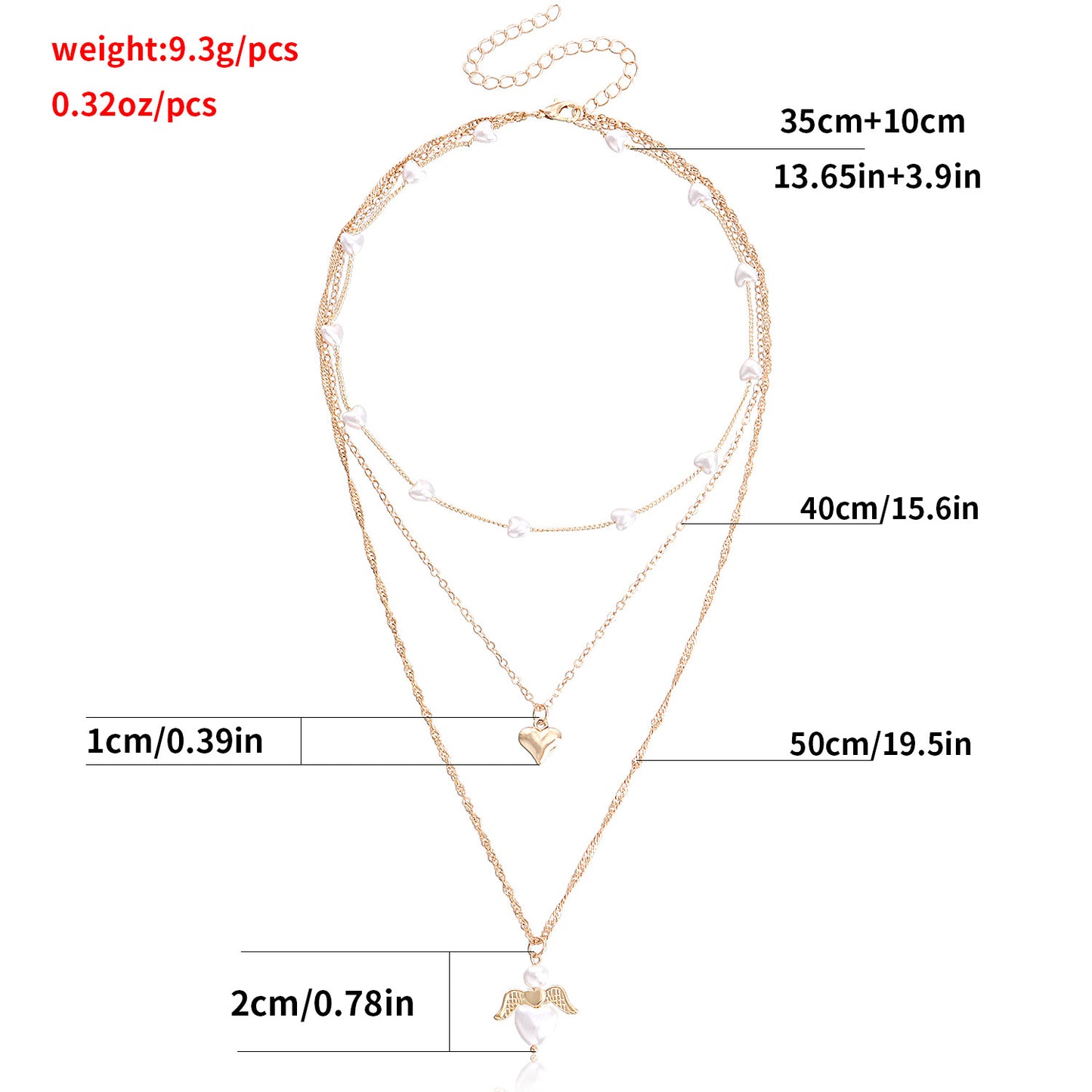 Minimalist Multi-Layer Heart-Shaped Pearl and Angel Wing Necklace for Women in Alloy with Plated Finish