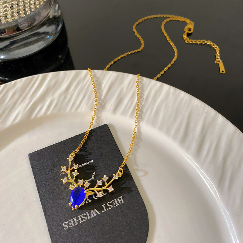 Vintage Gold Plated Brass Deer Pendant Cubic Zirconia Necklace on Titanium Steel Cable Chain