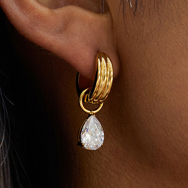 Orecchini a clip in acciaio inossidabile geometrici con gocce di zirconia per donna, orecchini elettroplaccati in stile lusso