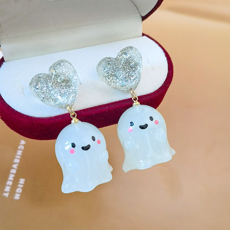 Orecchini a perno a forma di fantasma da cartone animato per donne, in resina e fatti a mano, per Halloween