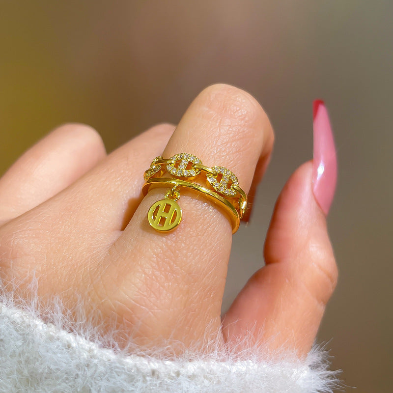 Anello coreano regolabile a fascia aperta con zirconi lucidi a forma di naso di maiale, minimalista, ispirato al design giapponese per donna