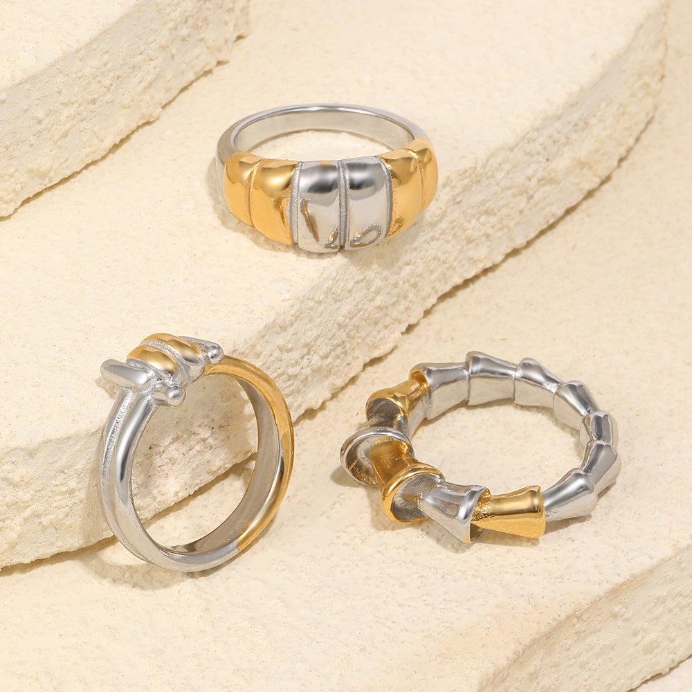 Minimalist Geometric 18K Gold Plated Stainless Steel Bread Joint Line Ring for Women
