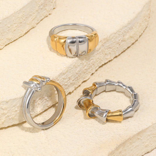 Minimalist Geometric 18K Gold Plated Stainless Steel Bread Joint Line Ring for Women