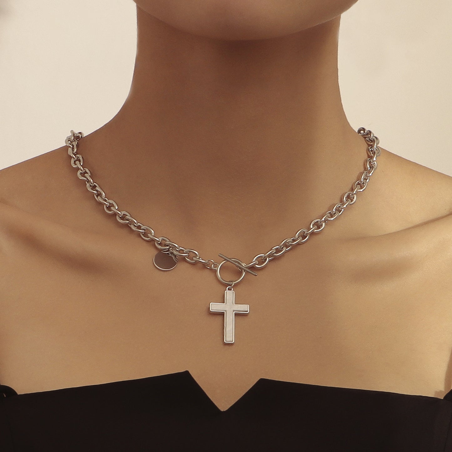 Punk Style Cross Pendant Necklace for Women with Alloy Chain and Mother-of-Pearl Inlay, Geometric Design, Plated Finish, Adjustable Length