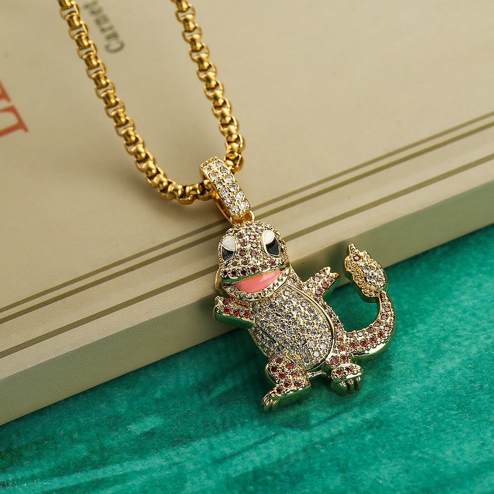Geometric Dinosaur and Scorpion Pendant Necklace for Women in Copper with Gold Plating and Zircon Inlay