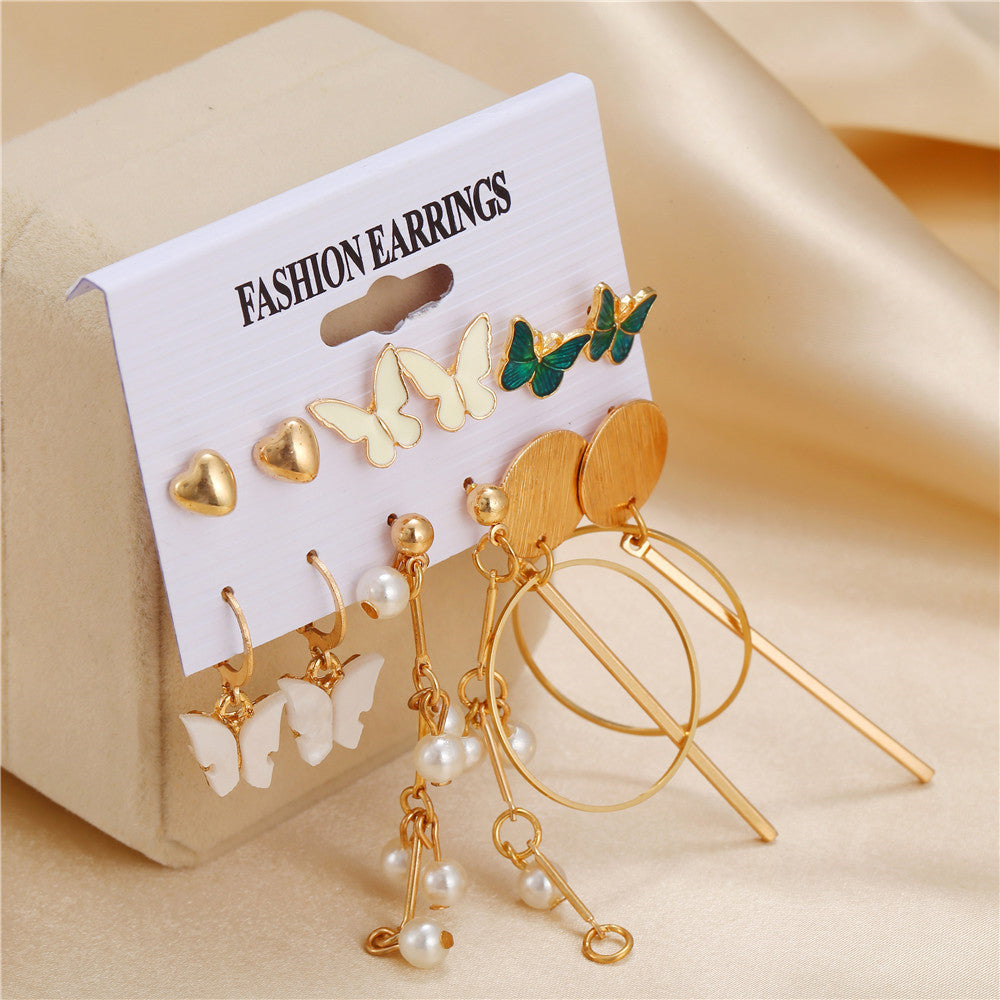 Fashion Butterfly Drip Oil Alloy Hoop Earrings with Pearl Studs for Women