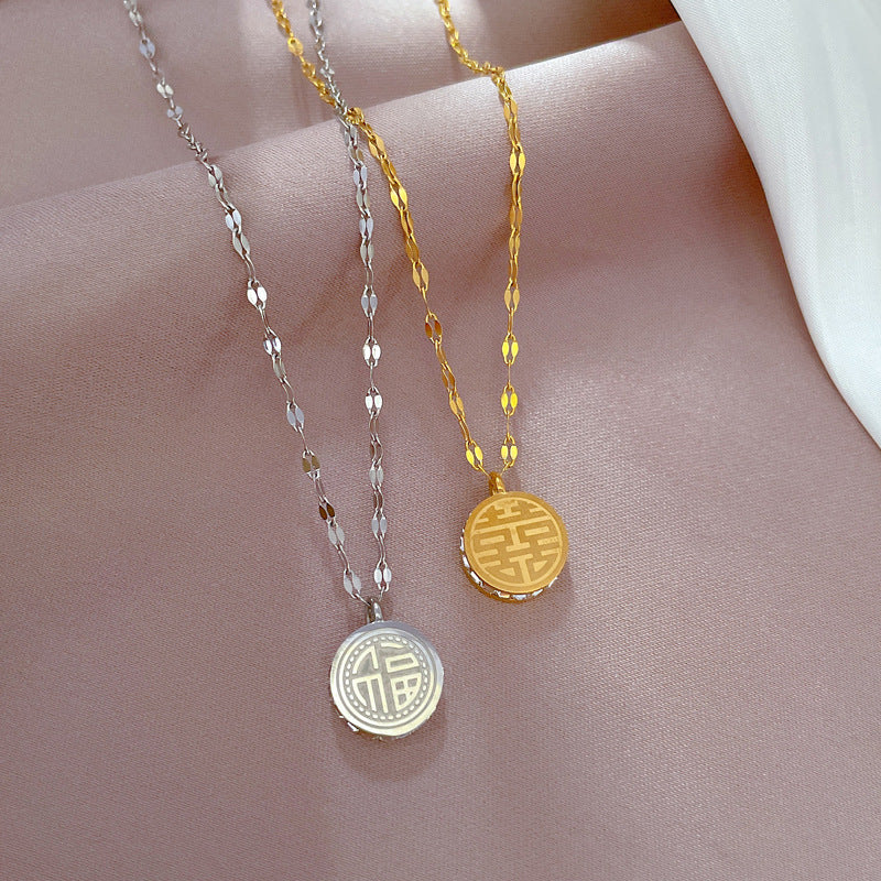 Titanium Steel Gold-Plated Double-Sided Feng Shui Pendant Necklace with Rhinestone Inlay for Women Locket Style Clavicle Chain