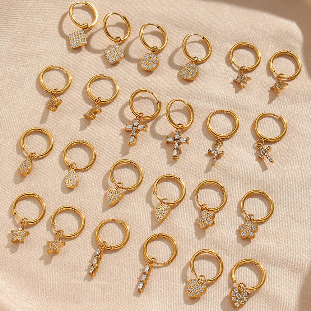 Fashionable Geometric Cross Earrings in Stainless Steel with 18K Gold Plating and Zircon Accents