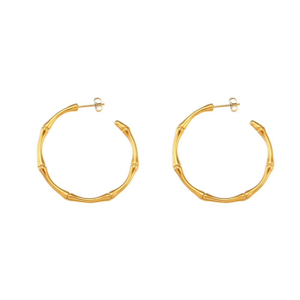 Fashion OL Geometric Bamboo Segment Open Hoop Earrings 18K Gold Plated Stainless Steel for Women