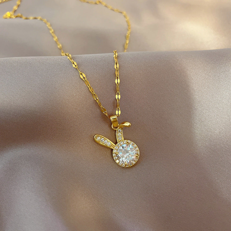 Cute Rabbit Pendant Necklace for Women Made of Titanium Steel with Rhinestone Inlay and Plated Finish, Minimalist Clavicle Chain