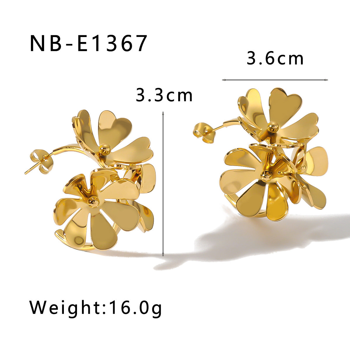 Set di anelli e orecchini aperti a fiori geometrici in acciaio inossidabile con placcatura in oro 18 carati da donna