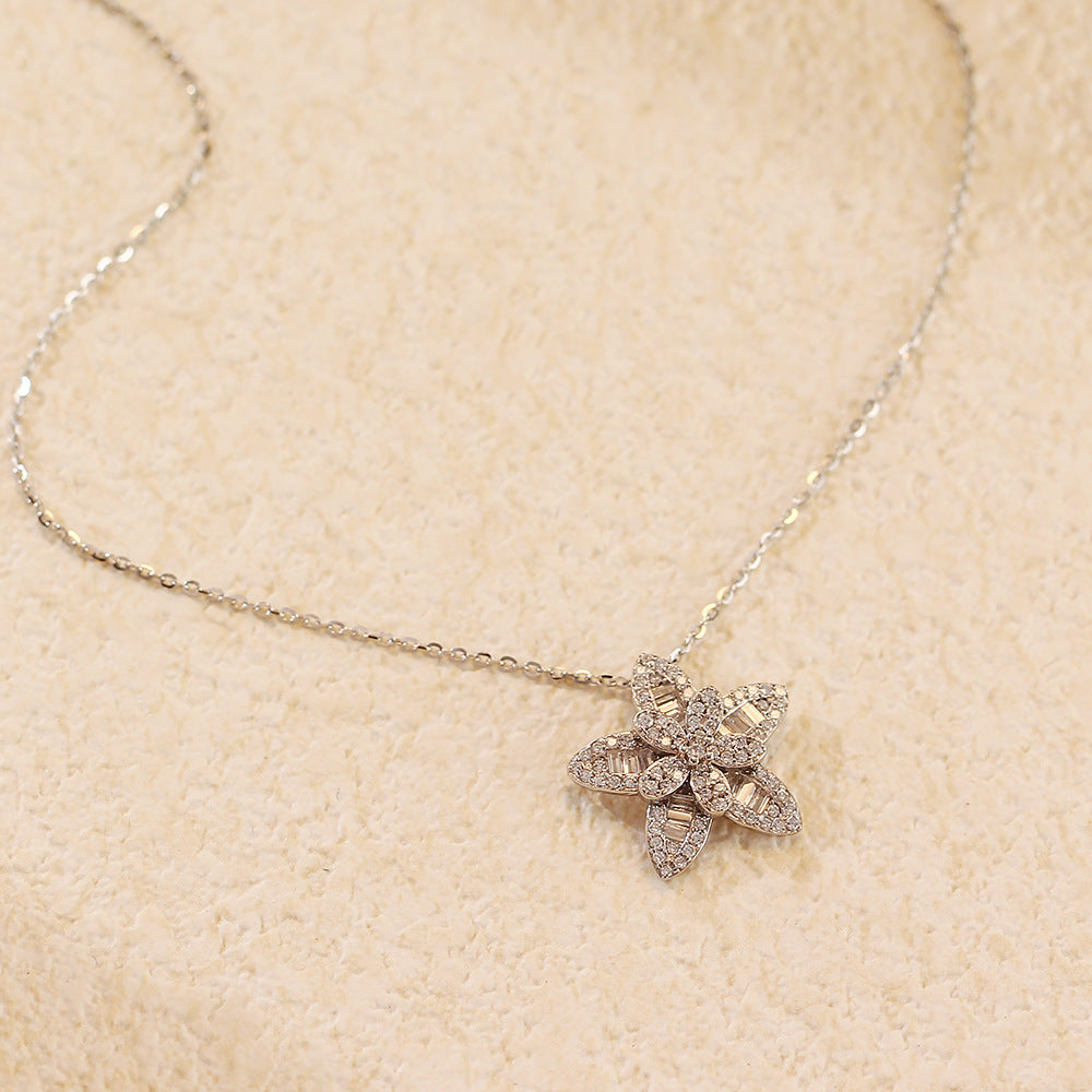 Luxury 925 Sterling Silver Paved Cubic Zirconia Star Pendant Necklace with Cable Chain for Women