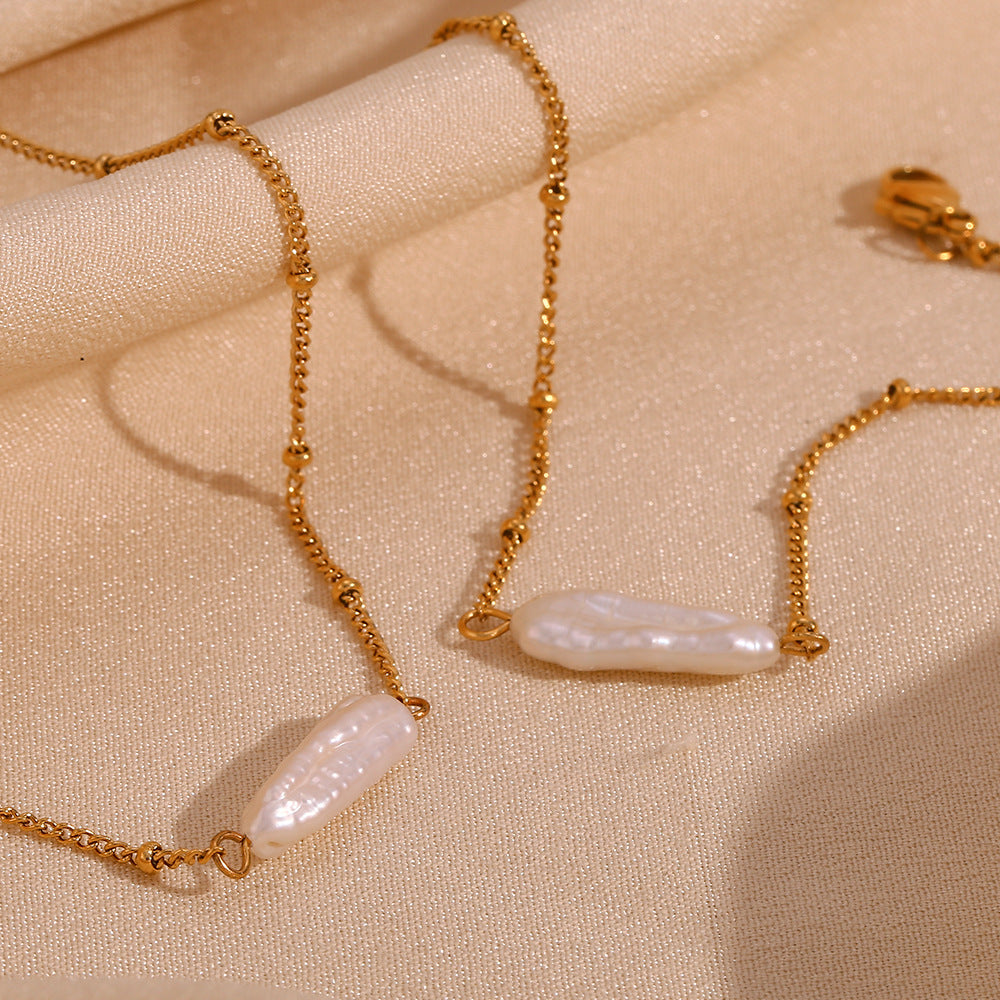 Elegant 18K Gold Plated Geometric Stainless Steel Necklace with Baroque Pearl Pendant