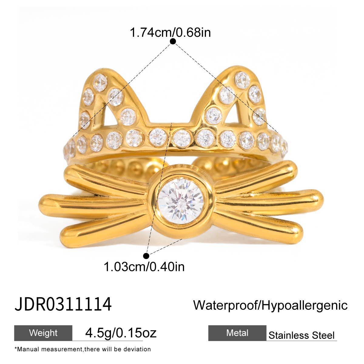 Anello in acciaio al titanio geometrico a forma di gatto con accenti di zirconi, placcato oro PVD sottovuoto, gioielli da donna all'avanguardia