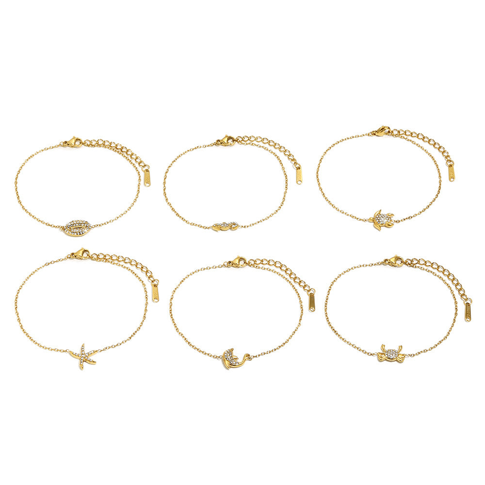 Minimalist 18K Gold Plated Geometric Stainless Steel Bracelet with Rhinestone for Women