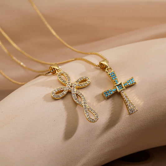 Minimalist Cross Pendant Necklace for Women in Brass with Real Gold Plating and Zircon Inlay