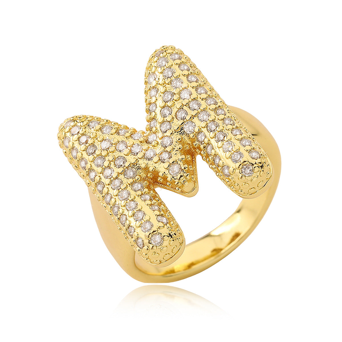 Minimalist Geometric Letter Zirconia Ring for Women in Copper with Gold Plating and Micro-Pavé Setting