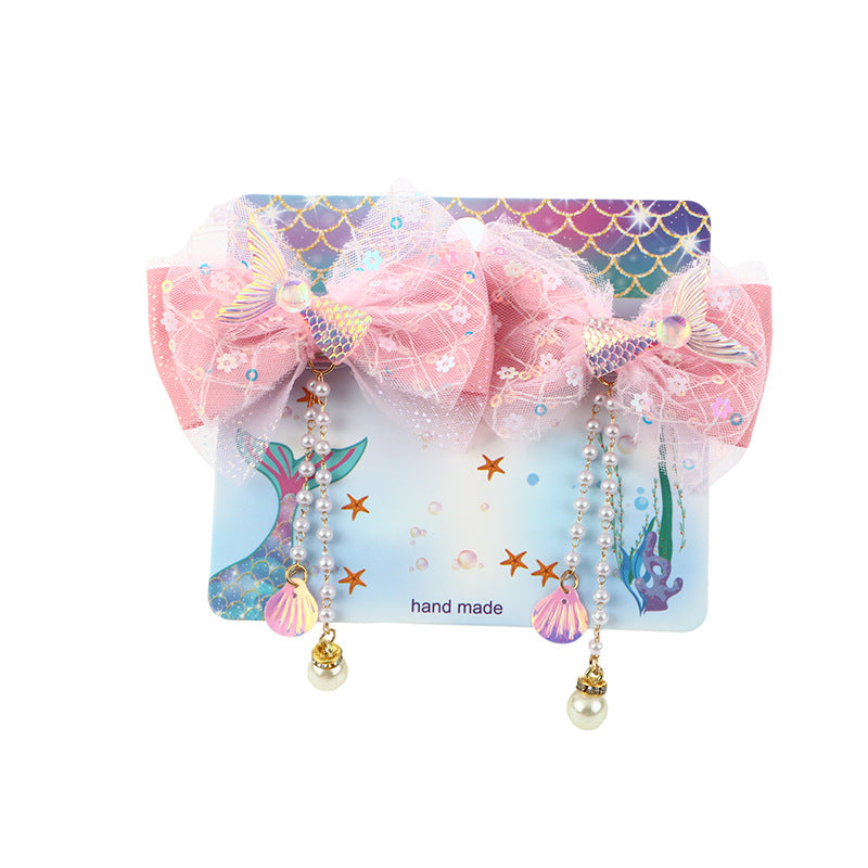 Fermaglio per Capelli a Fiocco Dolce per Bambini con Dettagli in Perle e Nappine in Tessuto, Stile Principessa Sirena