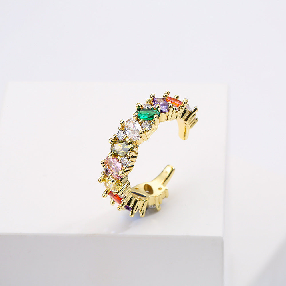 Anello Aperto Geometrico da Donna in Rame Placcato Oro 18K con Zirconi Colorati Micro-Incastonati