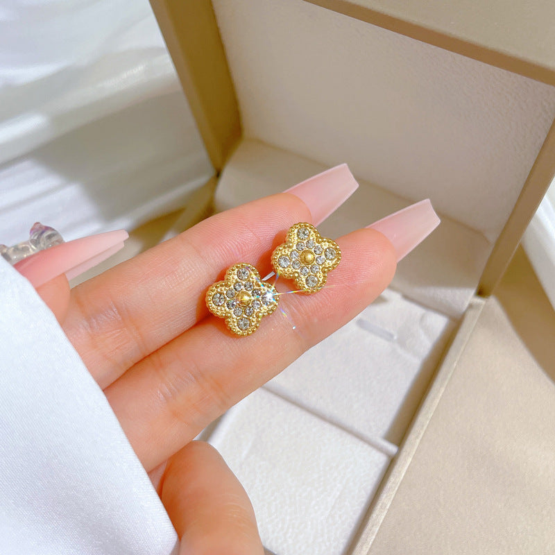 Minimalist Titanium Steel Geometric Ear Studs Lucky Clover Design for Women