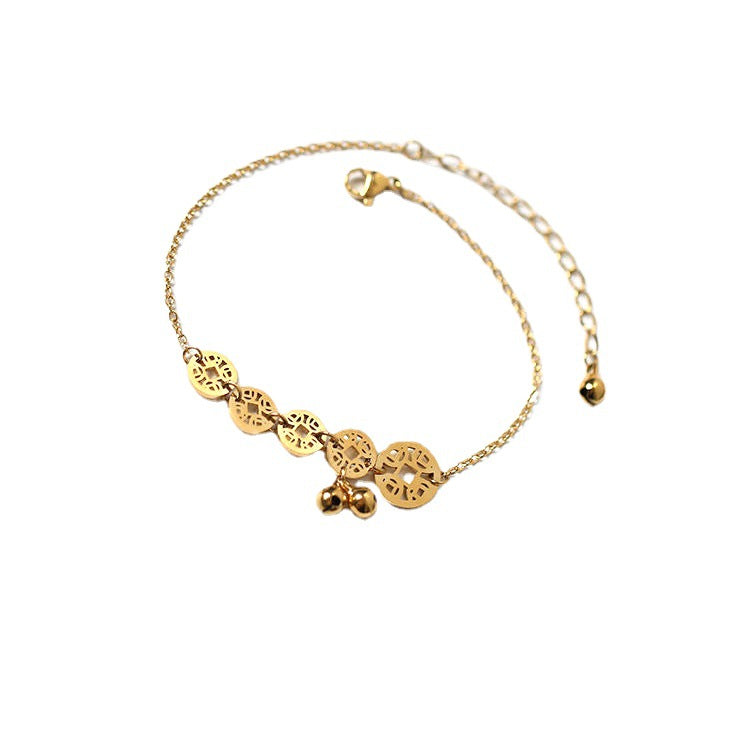 Vintage Coin Bell Anklet 18K Plated Titanium Steel Minimalist Foot Jewelry for Women