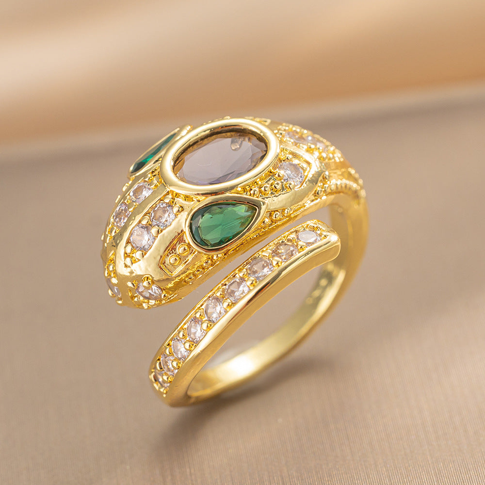Luxury Minimalist Adjustable Open Ring for Women with Gold-Plated Copper Band and Zircon Stone Accent in Heart and Floral Shape