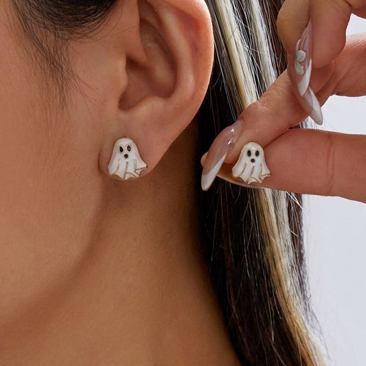 Minimalist Drip Oil Plated Alloy Halloween Cartoon Ghost Broom Bat Witch Hat Earrings for Women