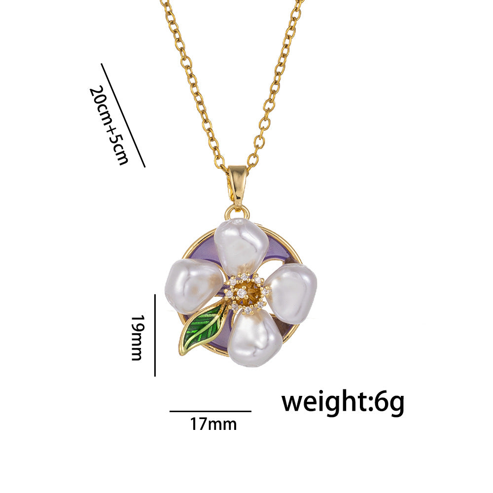Vintage French Style Enamel Floral Pendant Necklace in Titanium Steel with Baroque Freshwater Pearl and Hand-Painted Colorful Flower Design