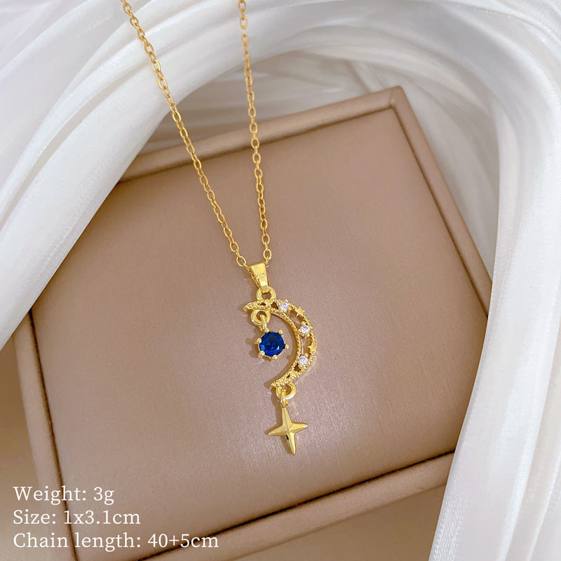 Collana con Ciondolo Stella e Luna Minimalista con Intarsio Completo di Strass su Catena in Acciaio al Titanio da Donna