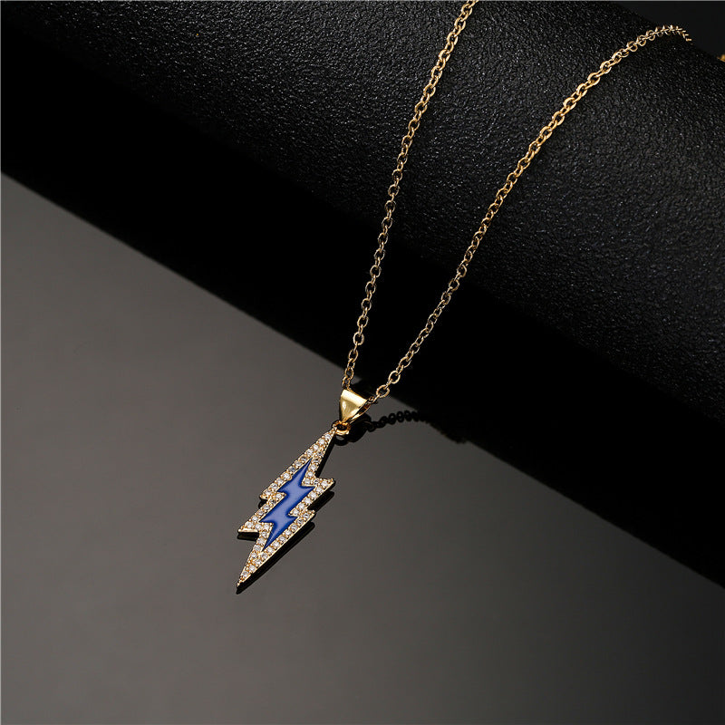18K Gold Plated Brass Geometric Lightning Bolt Pendant Necklace with Cubic Zirconia and Drip Oil Detail on Cable Chain