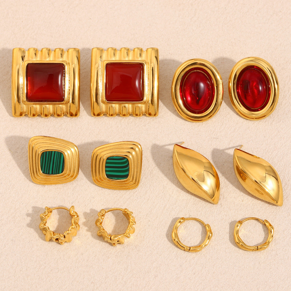 Minimalist Geometric Red Agate Stud Earrings in Stainless Steel with 18K Gold Plating for Women