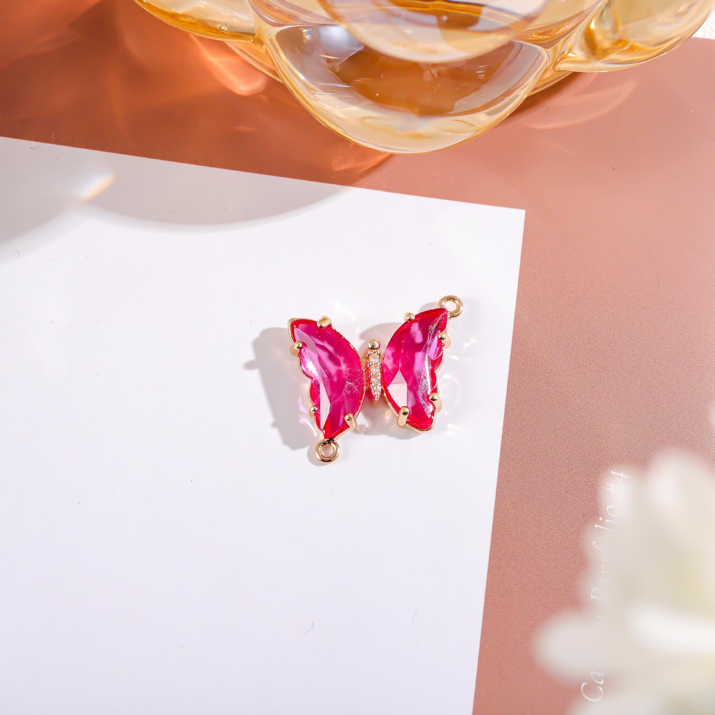 Sweet Gradient Glitter Crystal Butterfly Double Pendant Brass Plated Charm Bar