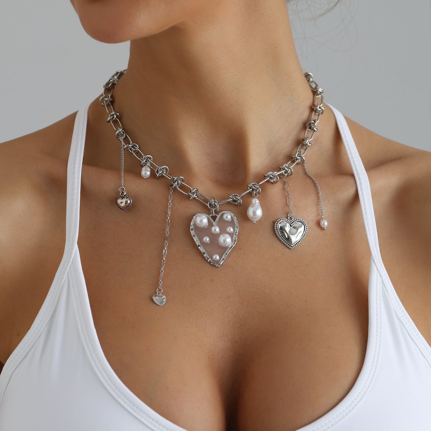 Sweet Streetwear Irregular Heart Geometric Alloy Plated Necklace with Pearl Pendant Multi-layer Cable Chain for Women and Men