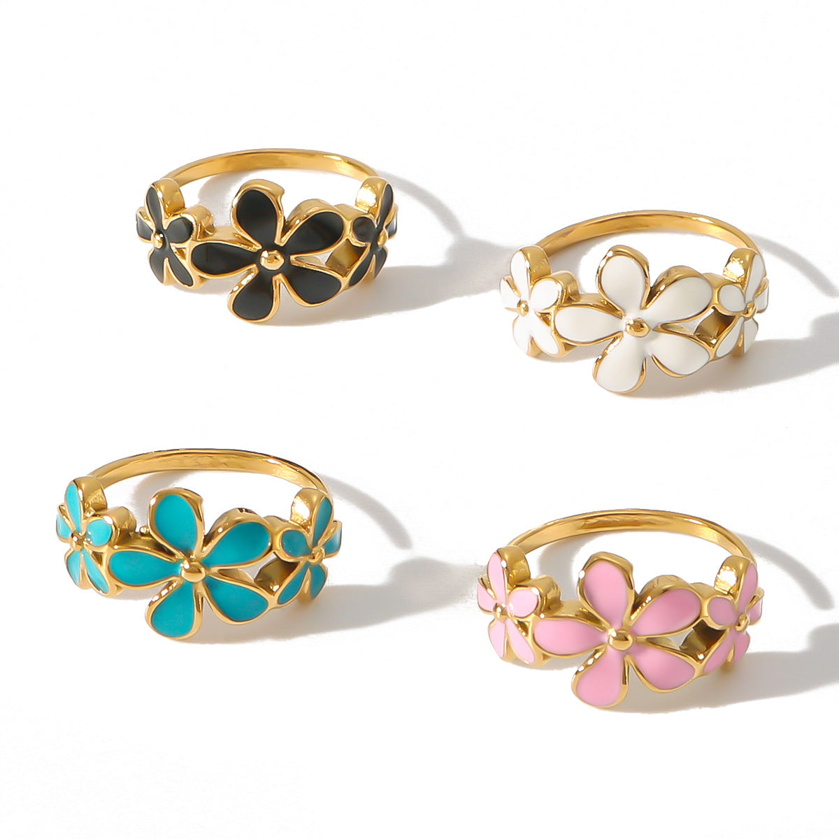 Anello in Acciaio Inossidabile Smaltato a Margherite Stile Vintage con Placcatura Sottovuoto in Oro 18K, Design Floreale Geometrico, Fascia Unisex Resistente allo Sbiadimento