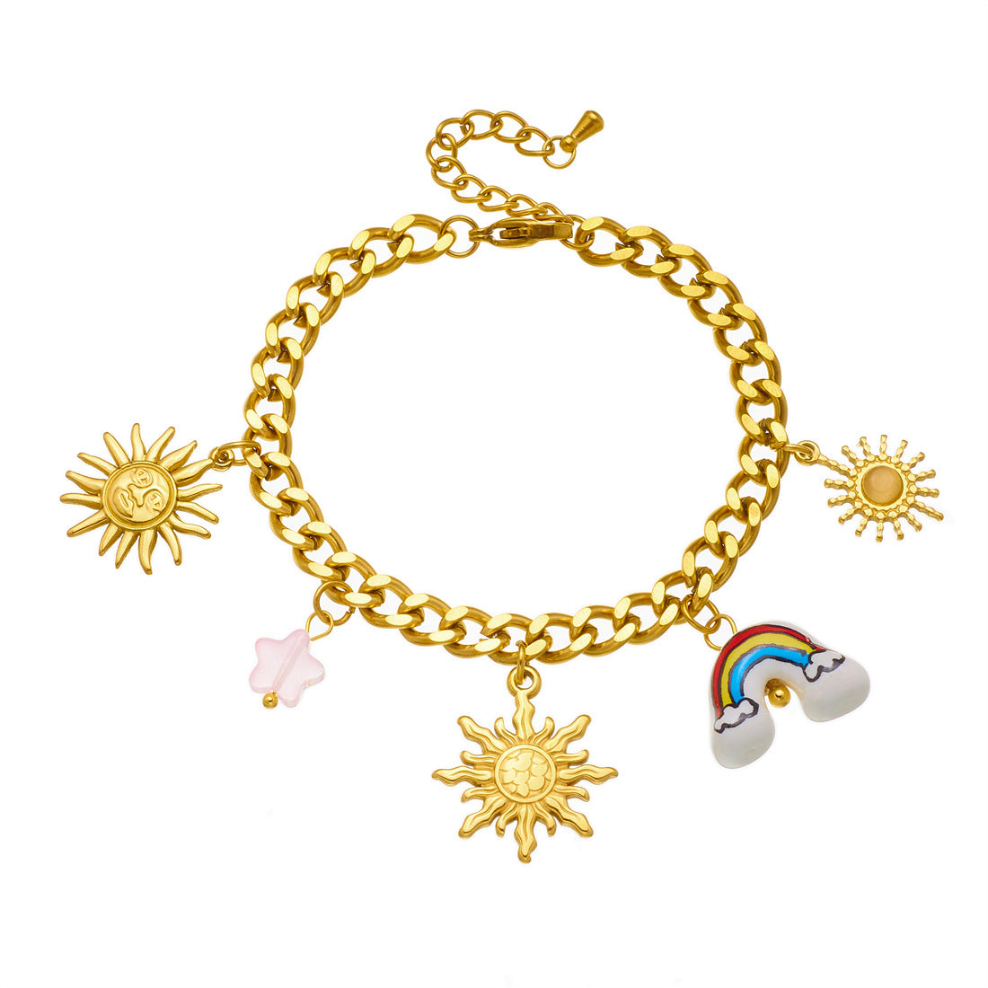 Unique Gold Plated Stainless Steel Moon Star Ceramic Rainbow Pendant Necklace and Bracelet Set for Women